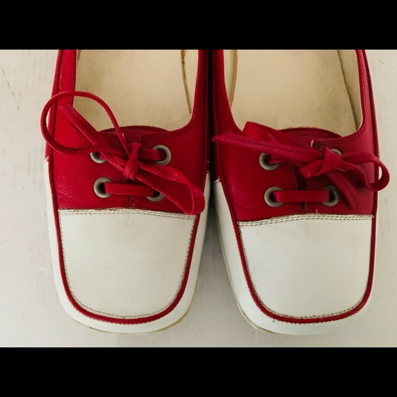 Red real leather comfortable no-slip walking shoes white cap toe cute tie bow 40 - Picture 2 of 10